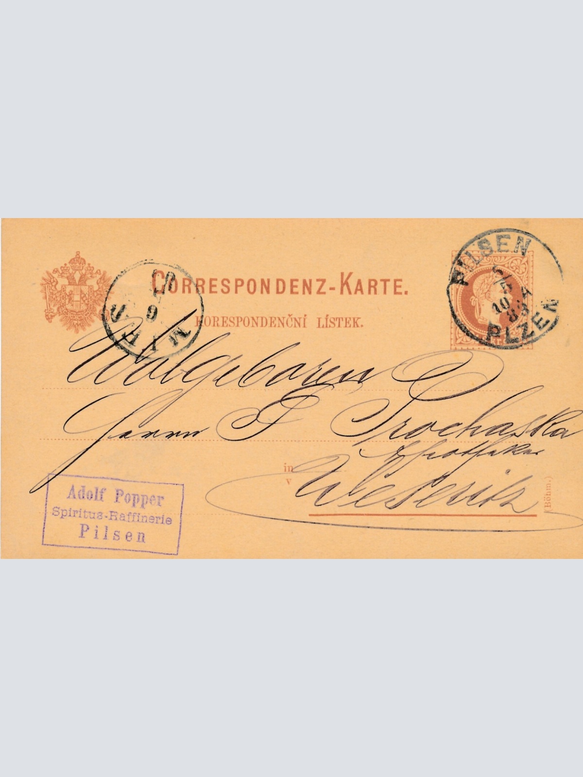 2 Kreuzer - Ganzsachen - Karte 1883 aus Pilsen (10097)