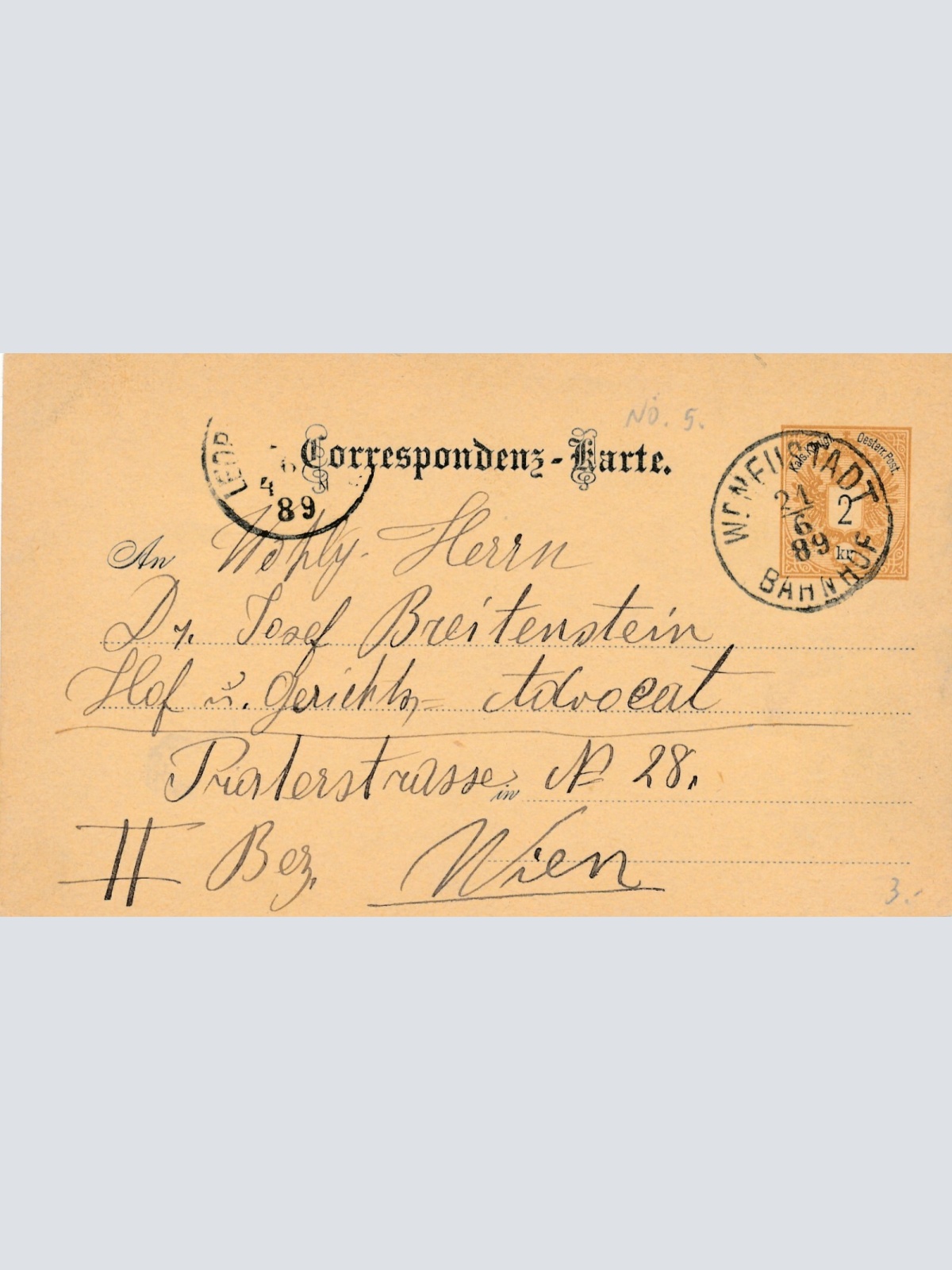 2 Kreuzer - Ganzsachen - Karte 1889 aus Wienerneustadt Bahnhof (10132)