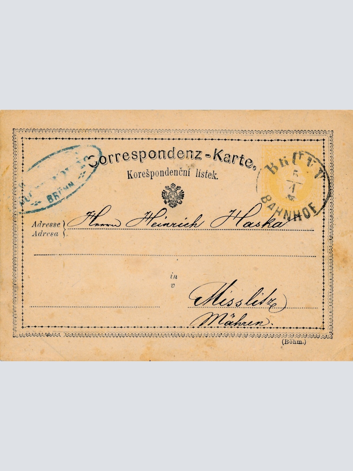 2 Kreuzer Ganzsachen - Karte 1875 aus Brünn Bahnhof (10514)