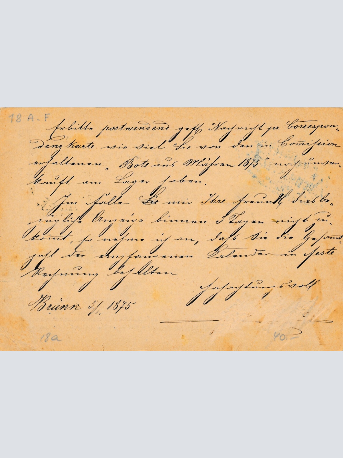 2 Kreuzer Ganzsachen - Karte 1875 aus Brünn Bahnhof (10514)