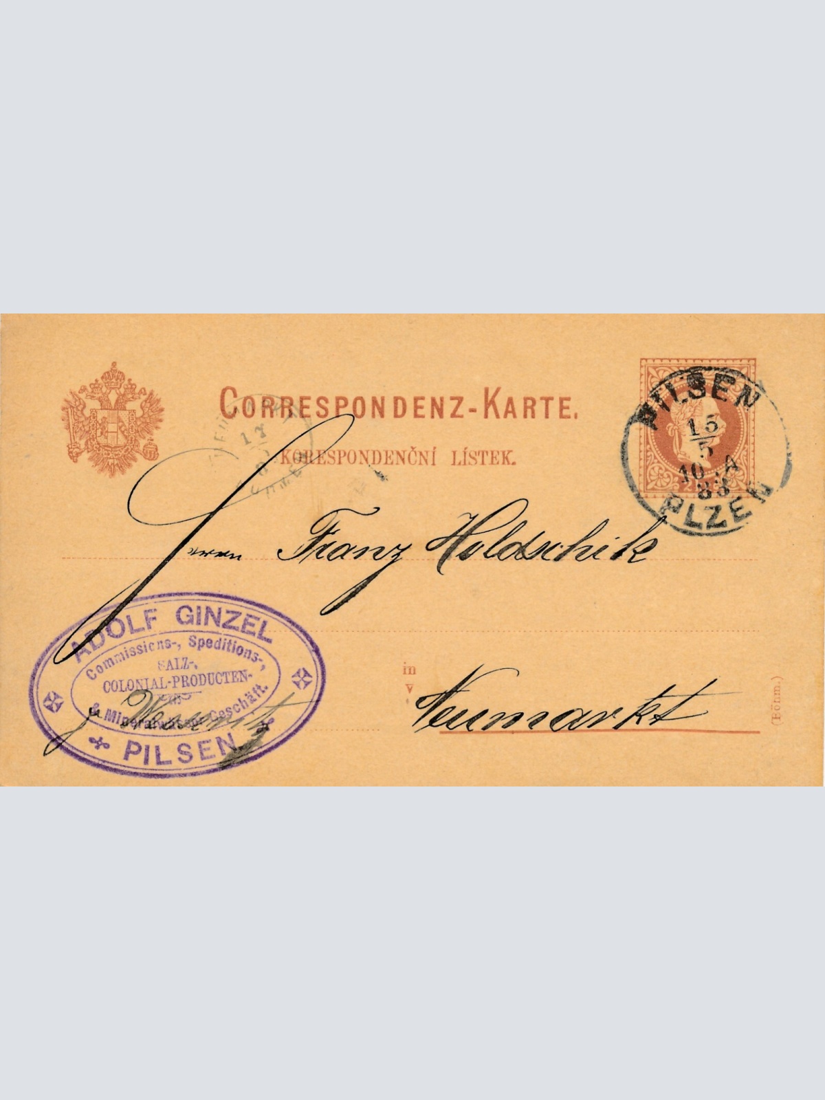 2 Kreuzer - Ganzsachen - Karte 1883 aus Pilsen - Pilzen (10111)