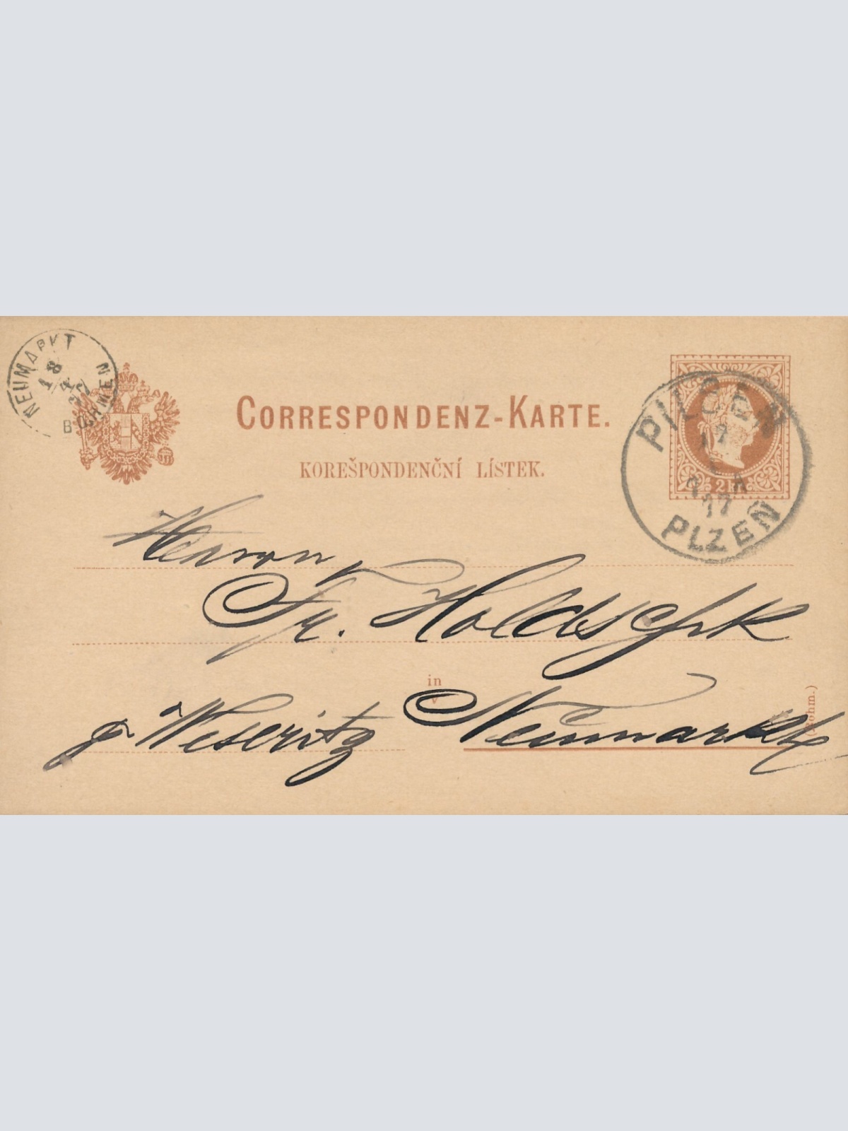 2 Kreuzer - Ganzsachen - Karte 1877 aus Pilsen - Pilzen (10113)