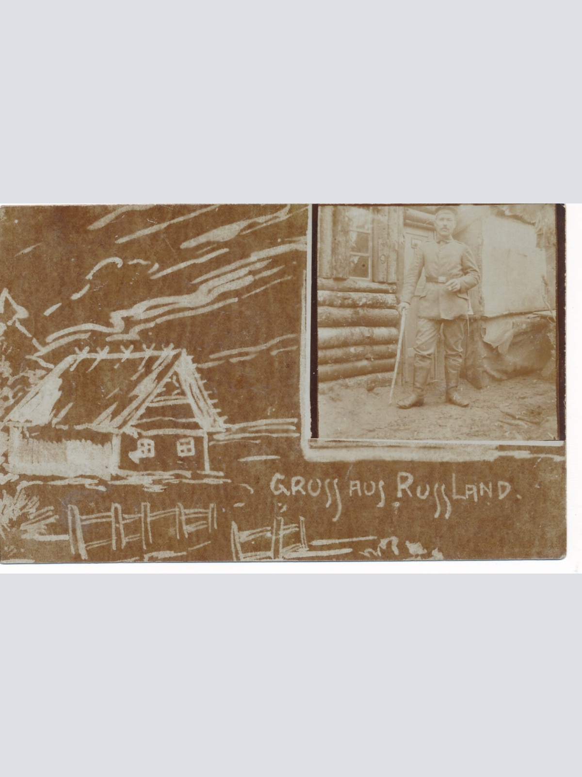 AK gruss aus Russland mit Soldat und Feldpoststempel 75. Res. Division (9117)