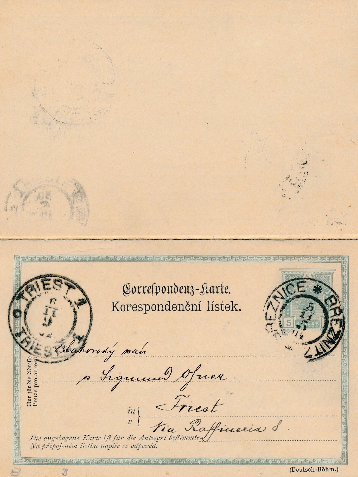 5 Heller Ganzsachen - Karte 1904 (Deutsch-Böhm) aus Breznice + AntwortK. (10559)