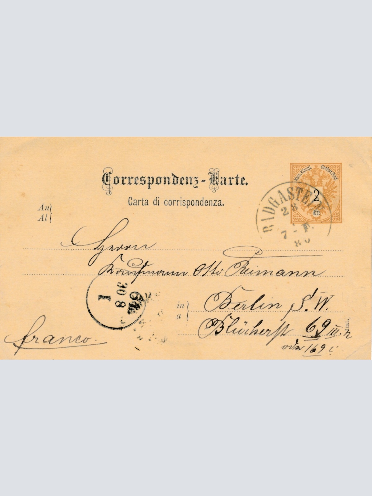 2 Kreuzer Ganzsachen - Karte (Ital) 1880 aus Badgastein (10541)