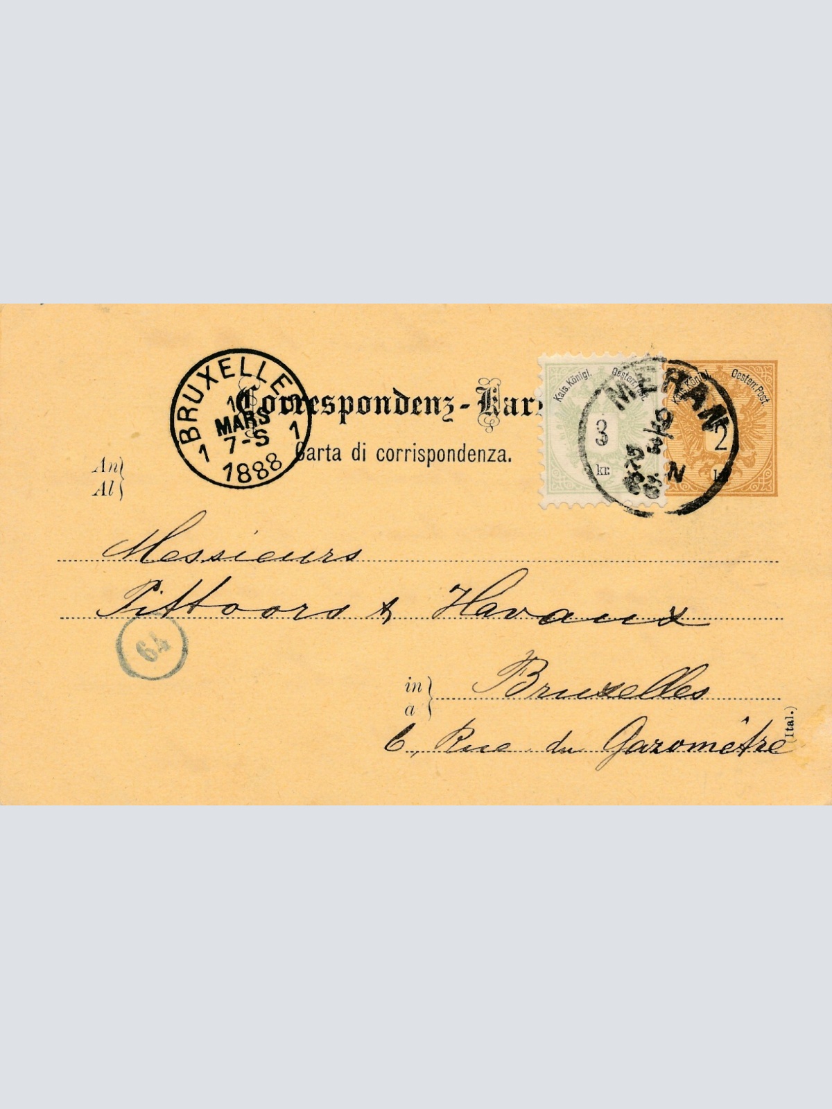 2 Kreuzer Ganzsachen - Karte (Ital) 1888 aus Meran + 3 Kreuzer ZF (10543)