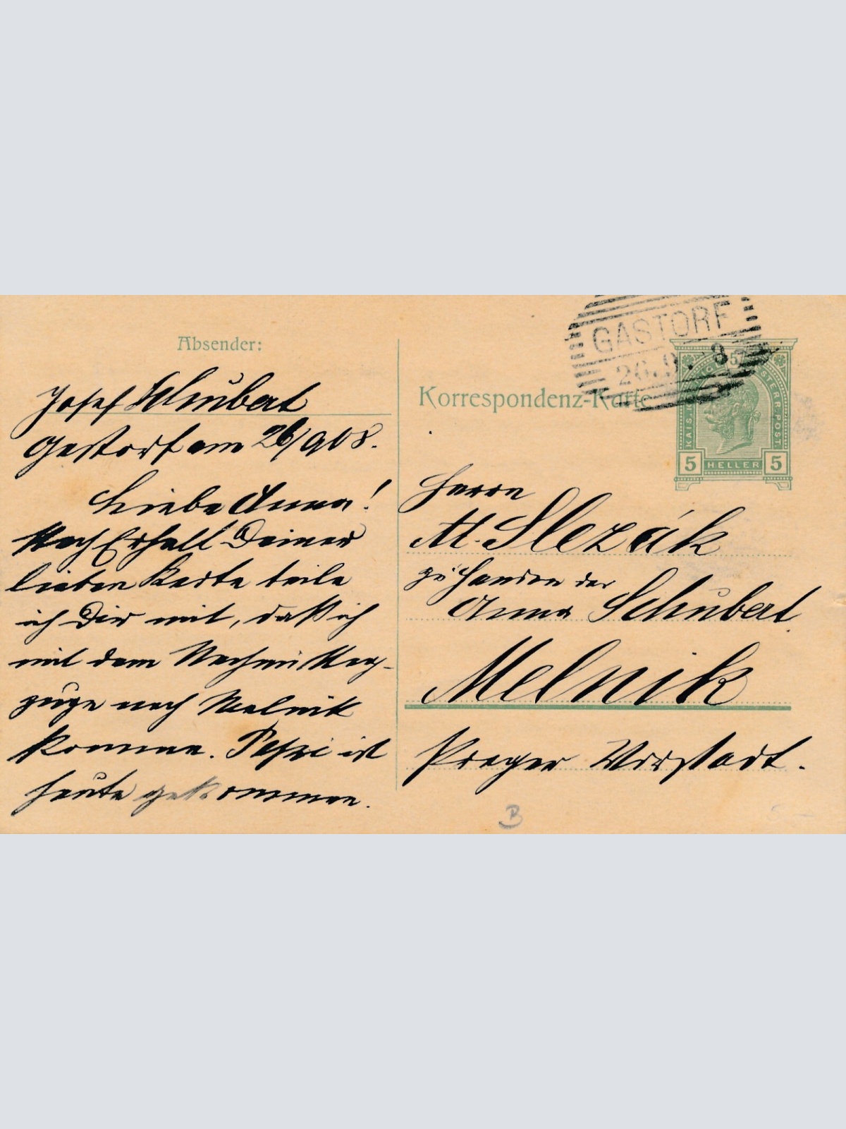 5 Heller Ganzsachen - Karte 1908 aus Gastorf (10555)