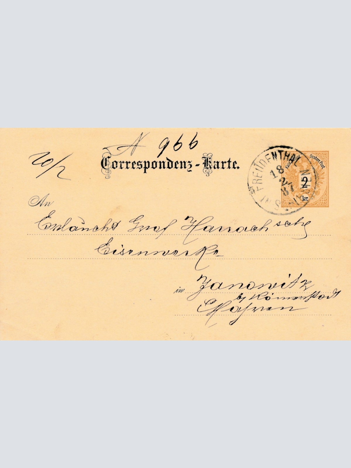 2 Kreuzer - Ganzsachen - Karte 1887 aus Freudenthal (10701)