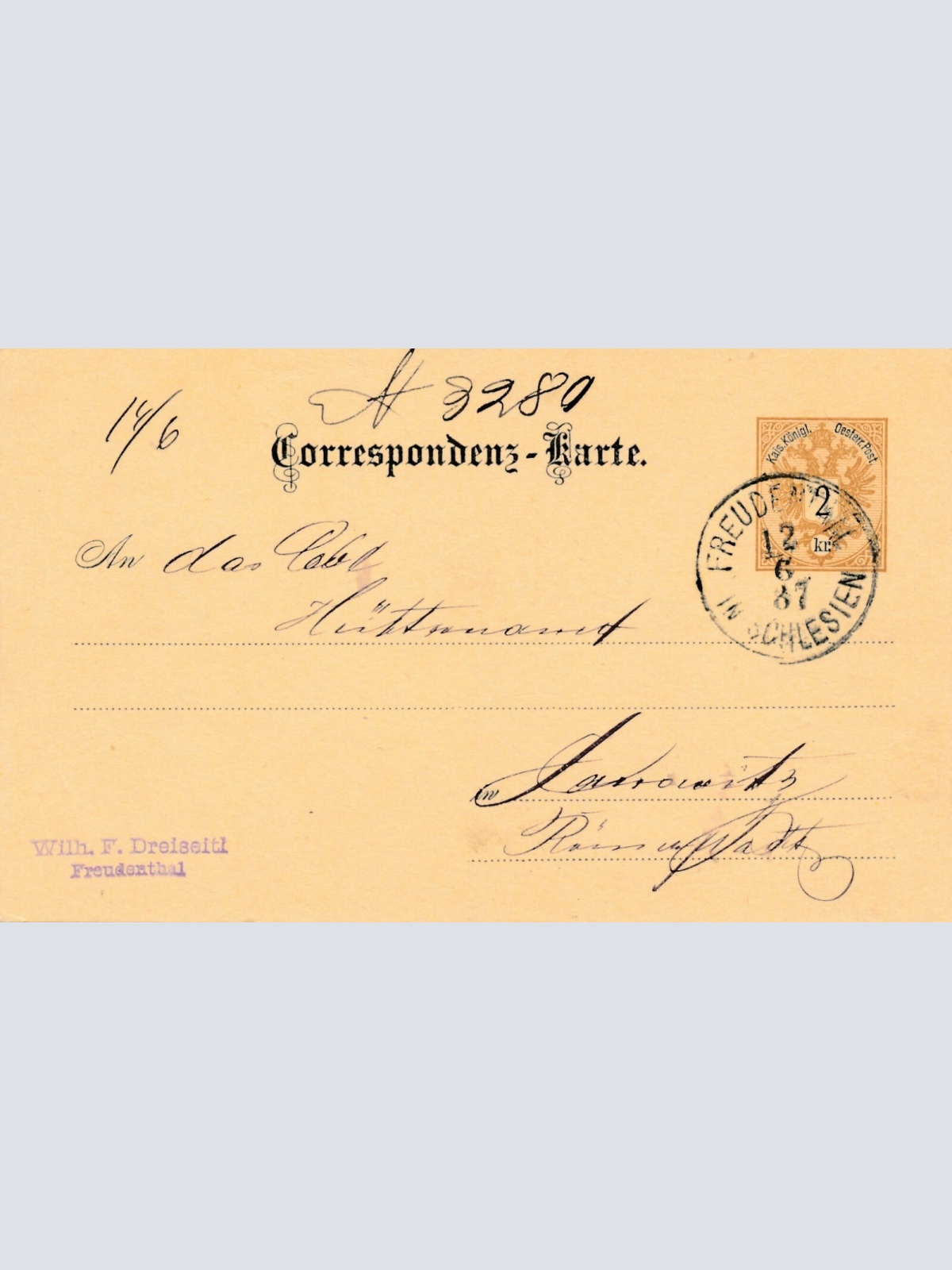 2 Kreuzer - Ganzsachen - Karte 1887 aus Freudenthal (10690)