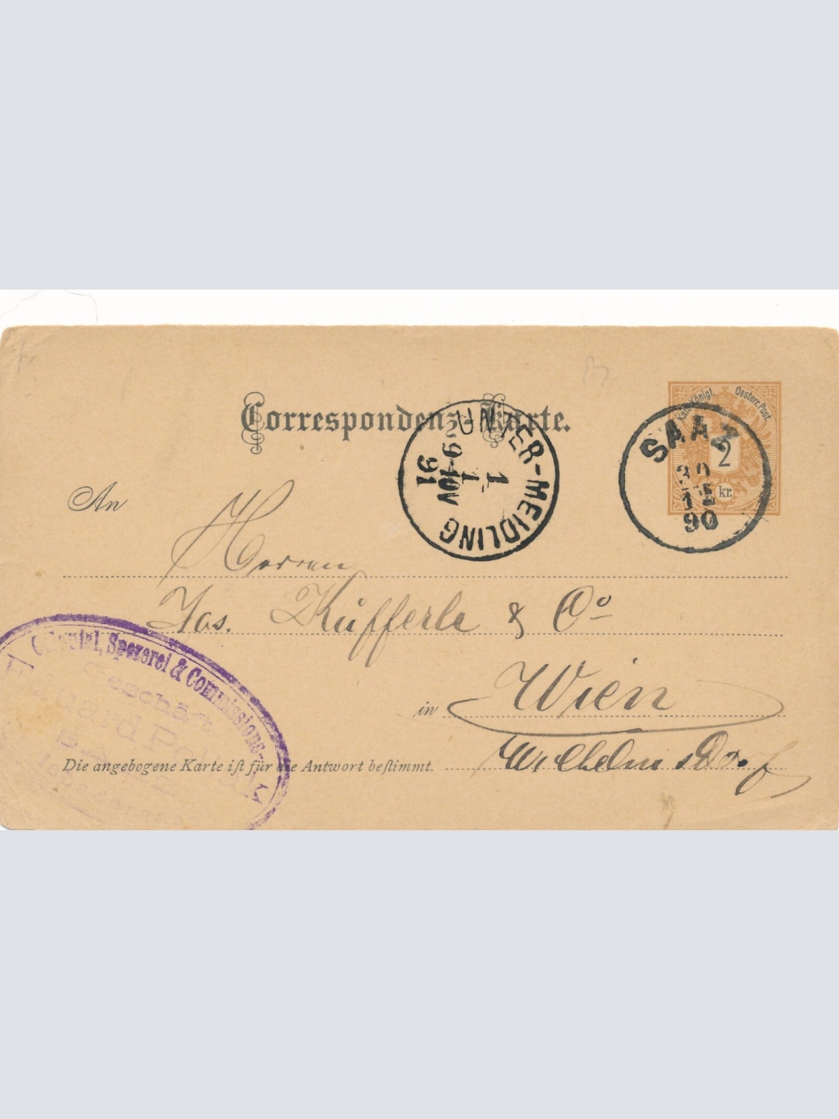 2 Kreuzer - Ganzsachen - Karte 1890 aus Saaz (10692)