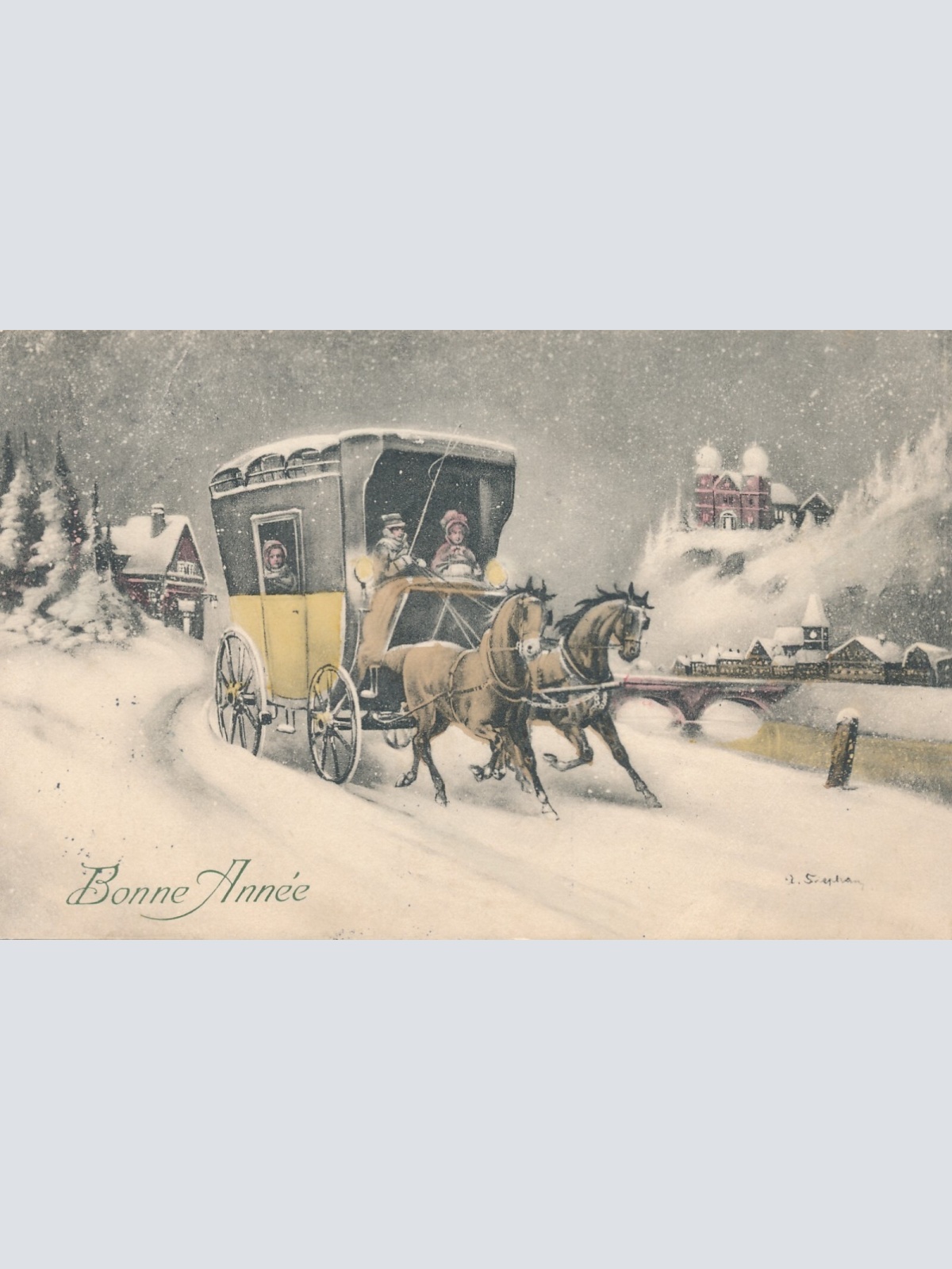 Motiv - Karte Bonne Annee mit Pferde Kutsche (10763)