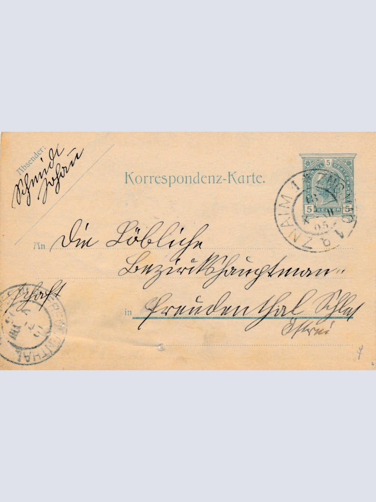 5 Heller - Ganzsachen - Karte 1905 aus Znaim (10646)
