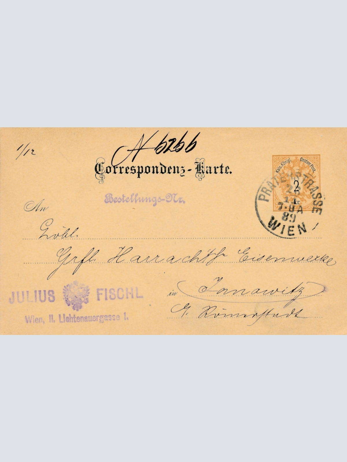 2 Kreuzer - Ganzsachen - Karte 1889 aus Wien Praterstrasse (10677)