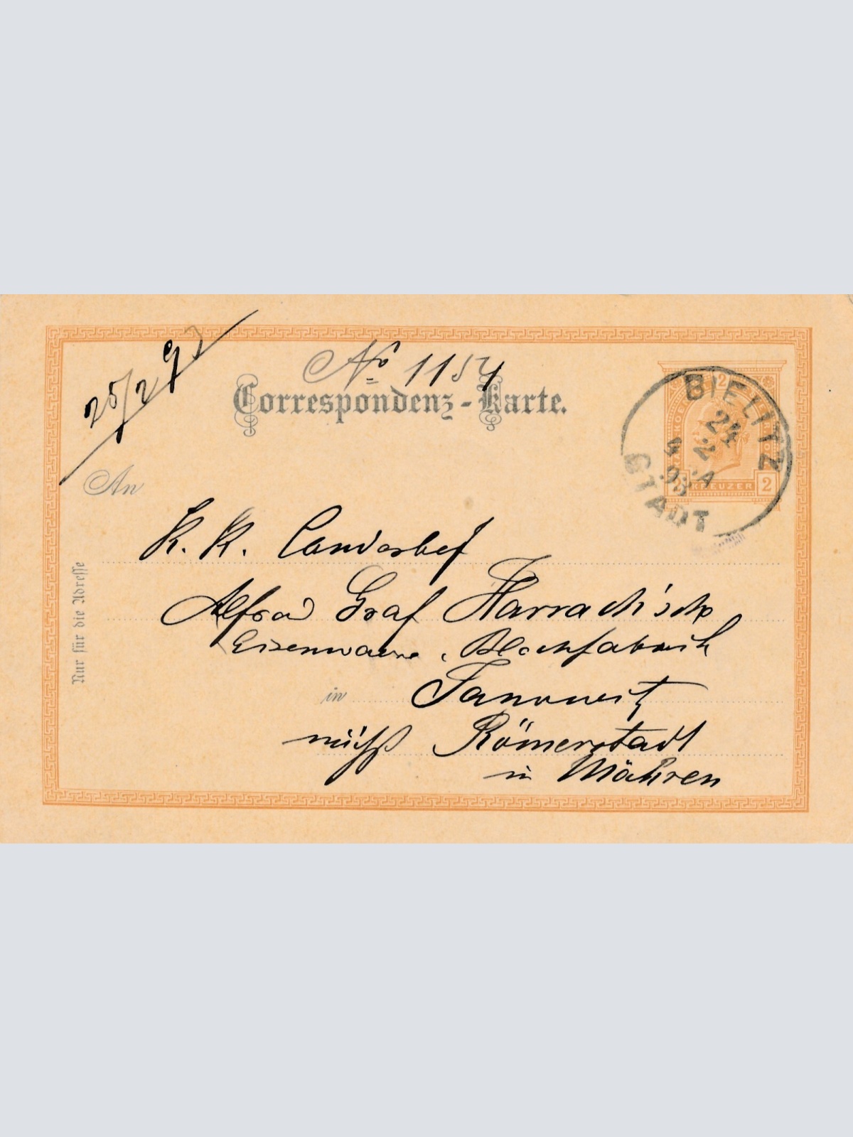 2 Kreuzer - Ganzsachen - Karte 1893 aus Bielitz (10675)