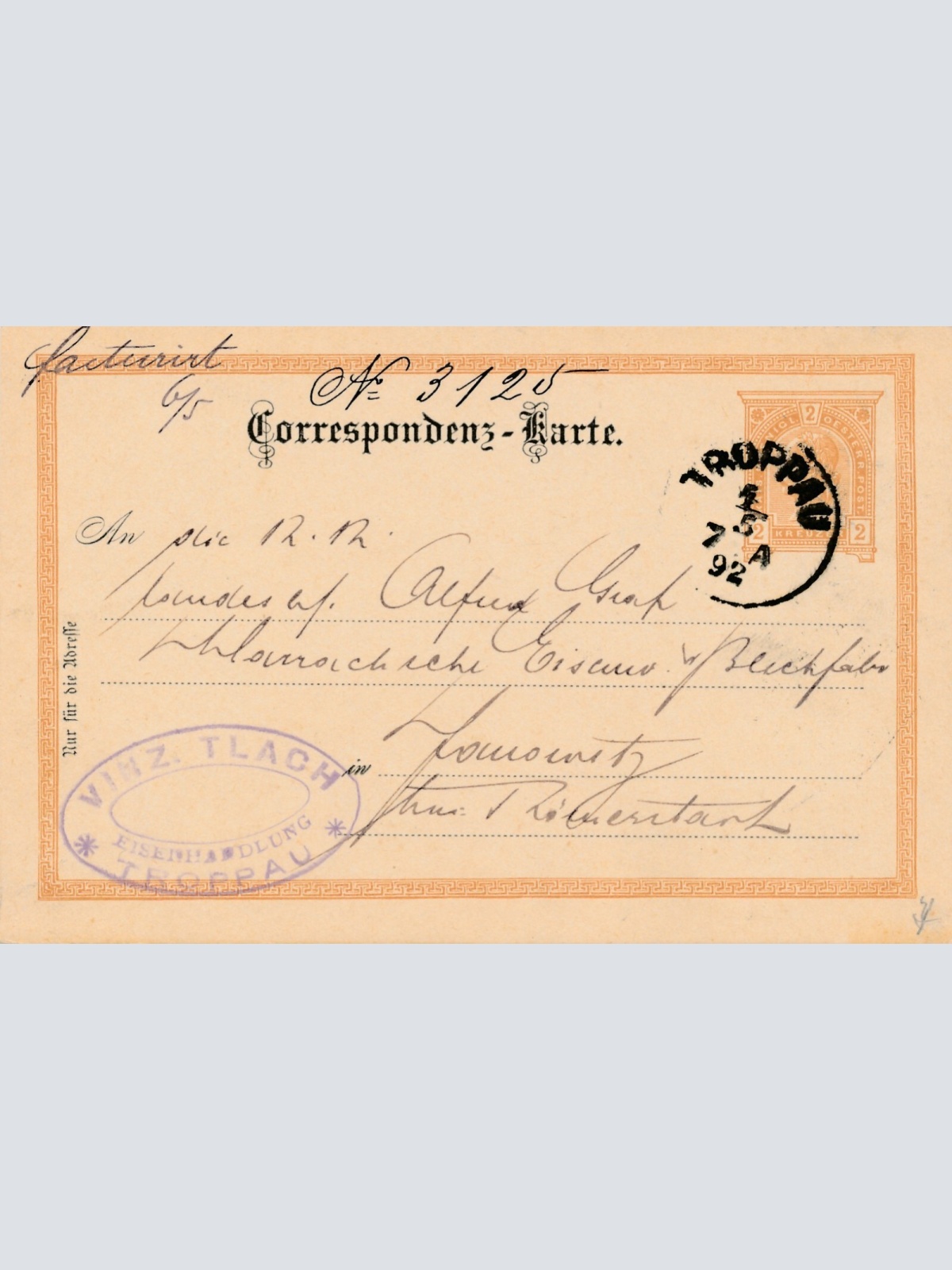 2 Kreuzer - Ganzsachen - Karte 1892 aus Troppau (10674)