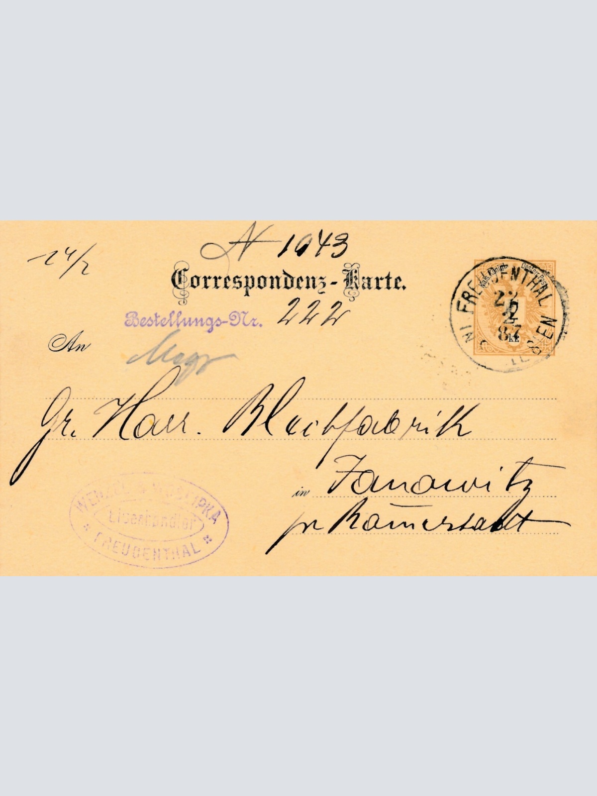 2 Kreuzer - Ganzsachen - Karte 1887 aus Freudenthal (10670)