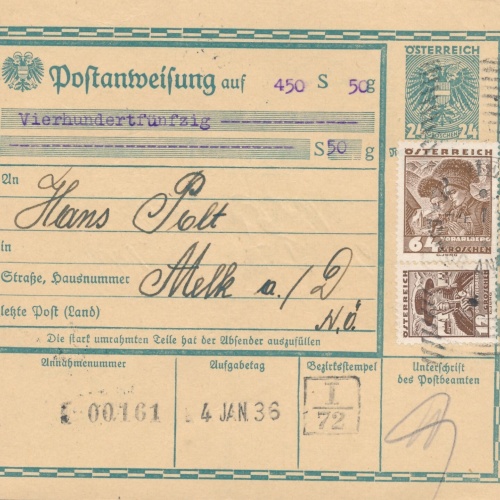 24 Gr. Postanweisung 1936 aus Wien nach Melk + Trachten Marken (10436)