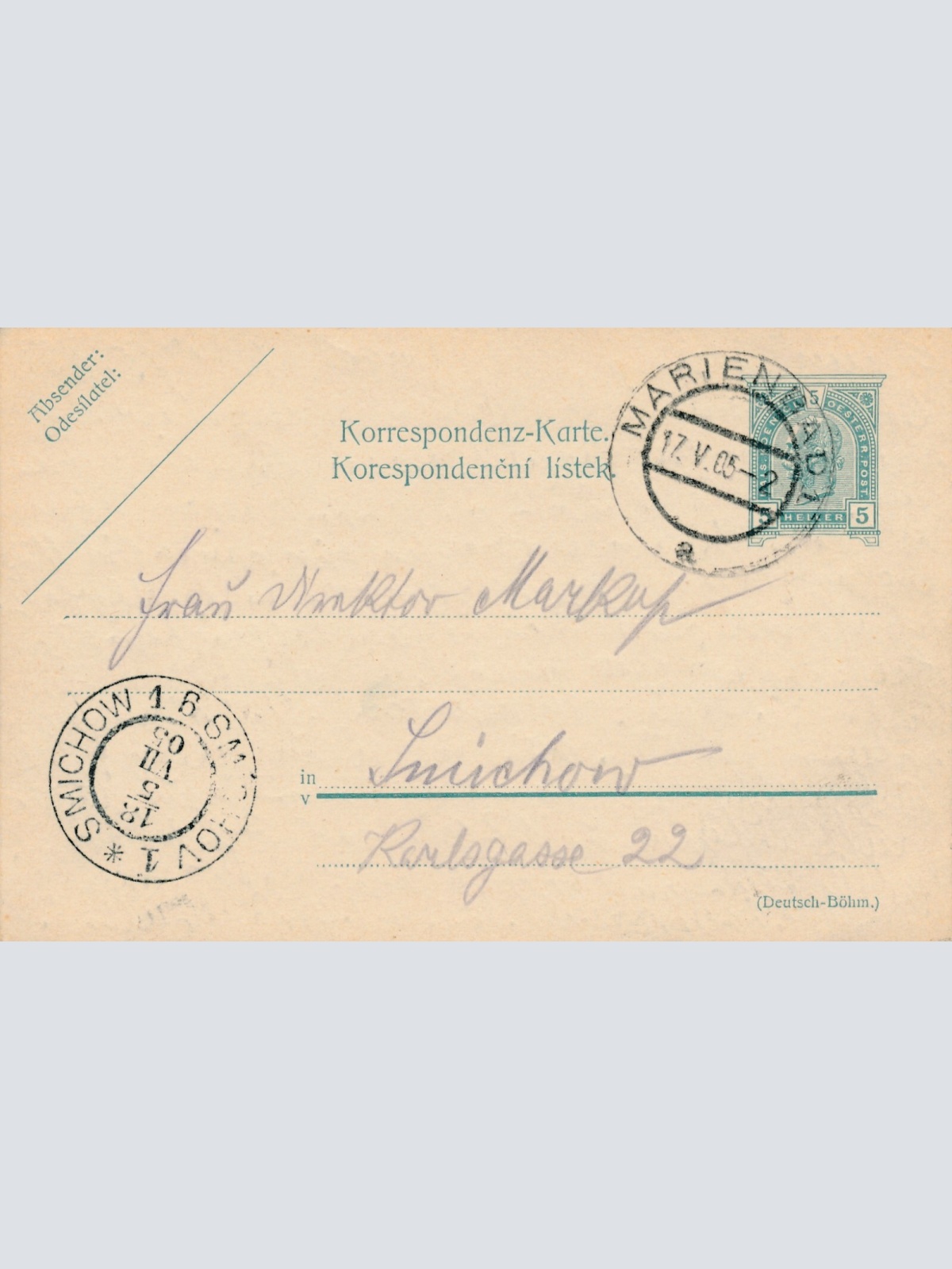 5 Heller Ganzsachen - Karte 1905 aus Marienbad (10453)