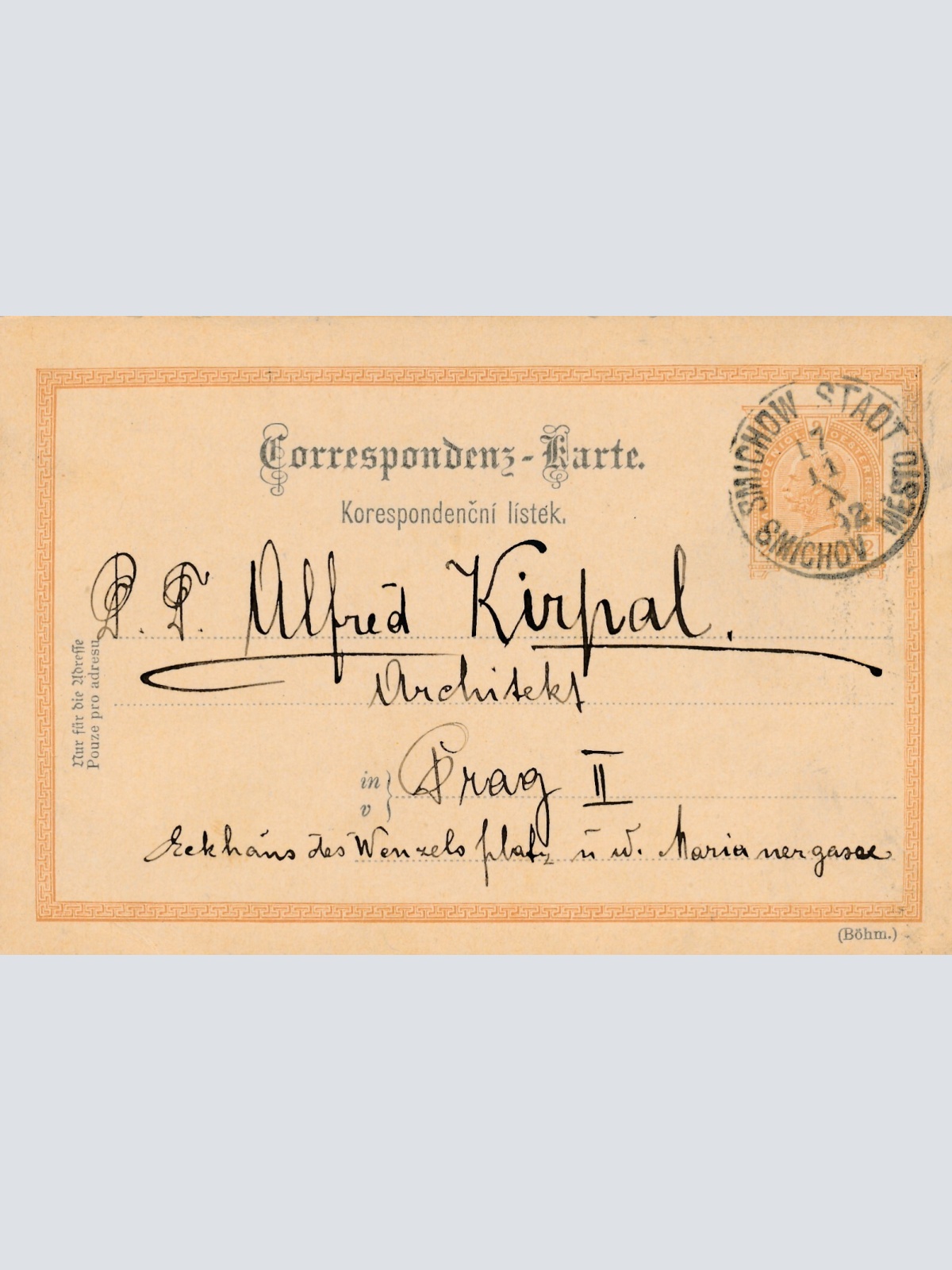 2 Kreuzer Ganzsachen - Karte 1892 aus Smichow Stadt (10443)