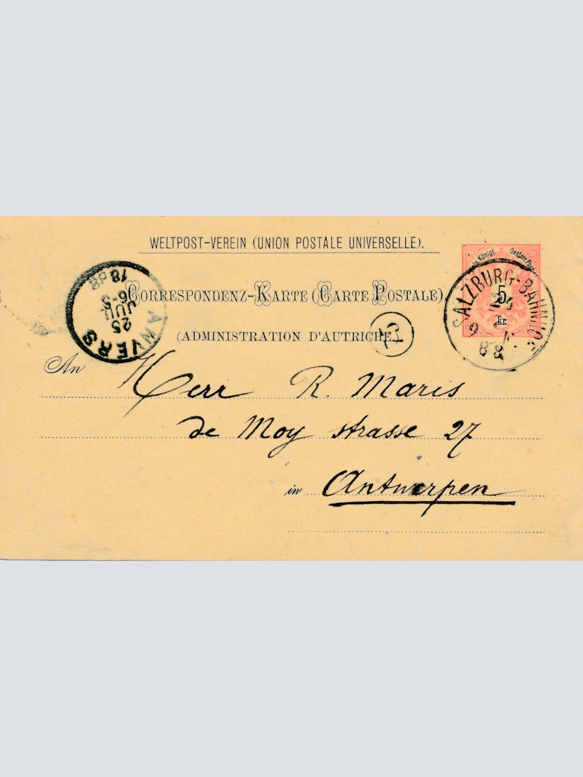 5 Kr. Ganzsachen - Karte 1888 aus Salzburg Bahnhof (10510)