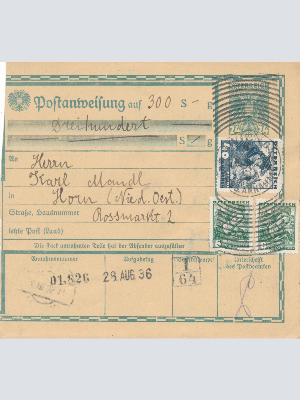 24 Gr. Postanweisung 1936 aus Wien nach Horn + Trachten Marken (10391)