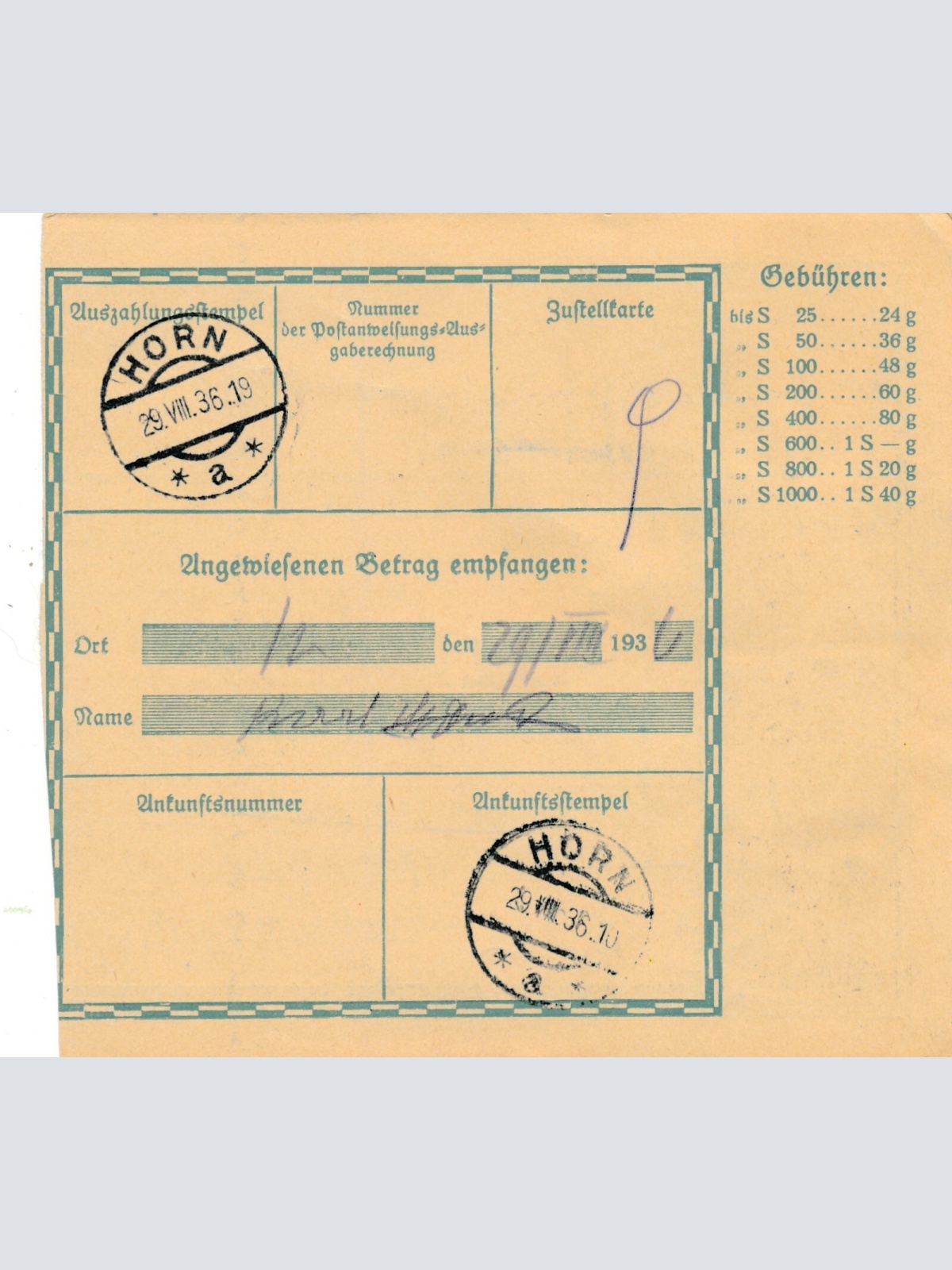 24 Gr. Postanweisung 1936 aus Wien nach Horn + Trachten Marken (10391)