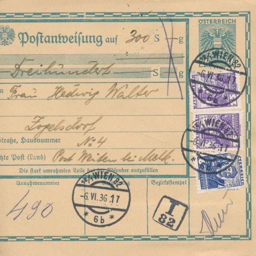 24 Gr. Postanweisung 1936 aus Wien nach Weiten + Trachten Marken (10414)