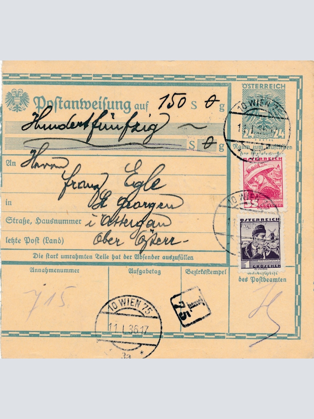 24 Gr. Postanweisung 1936 aus Wien nach St. Georgen + Trachten Marken (10415)