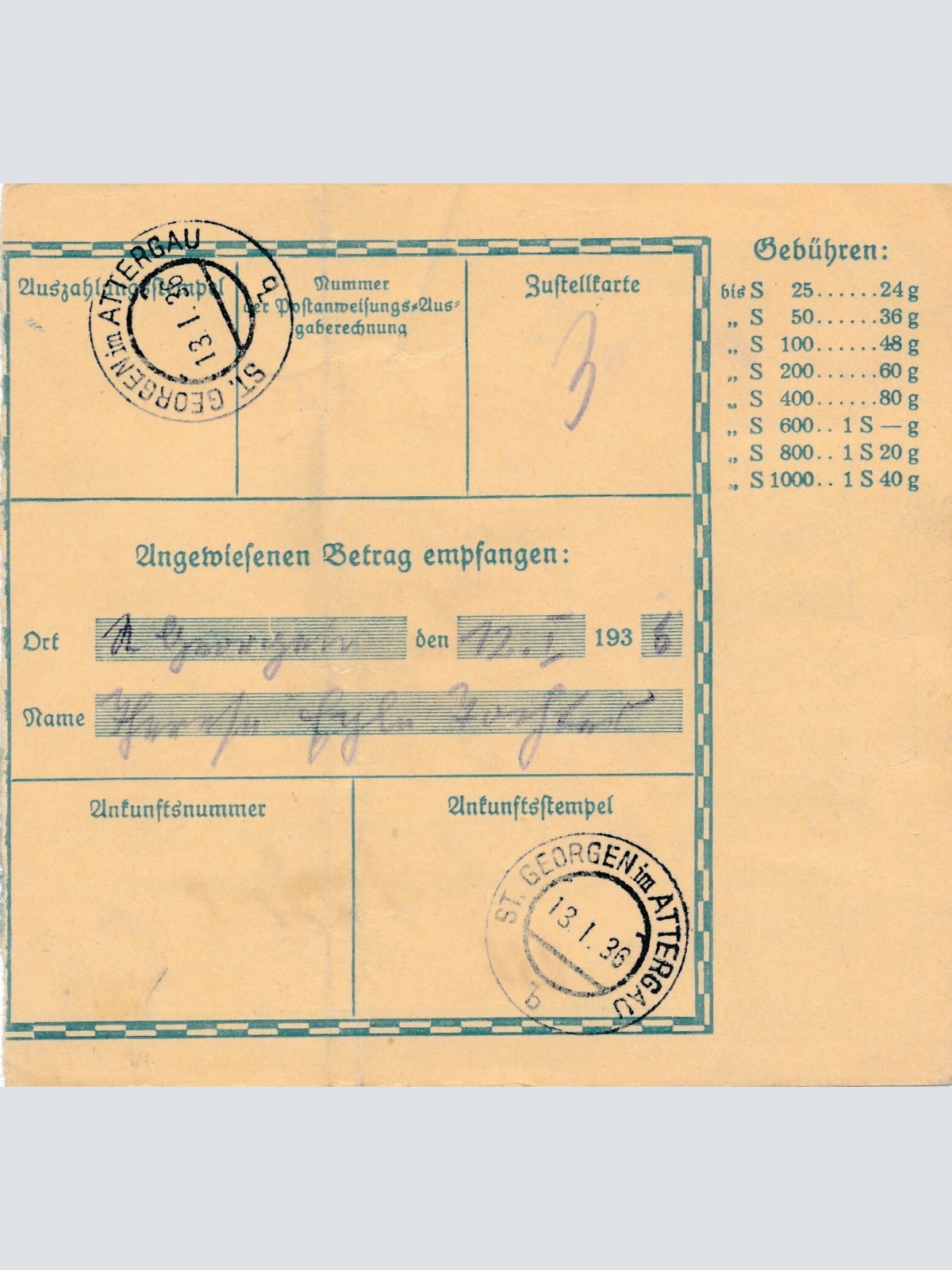 24 Gr. Postanweisung 1936 aus Wien nach St. Georgen + Trachten Marken (10415)