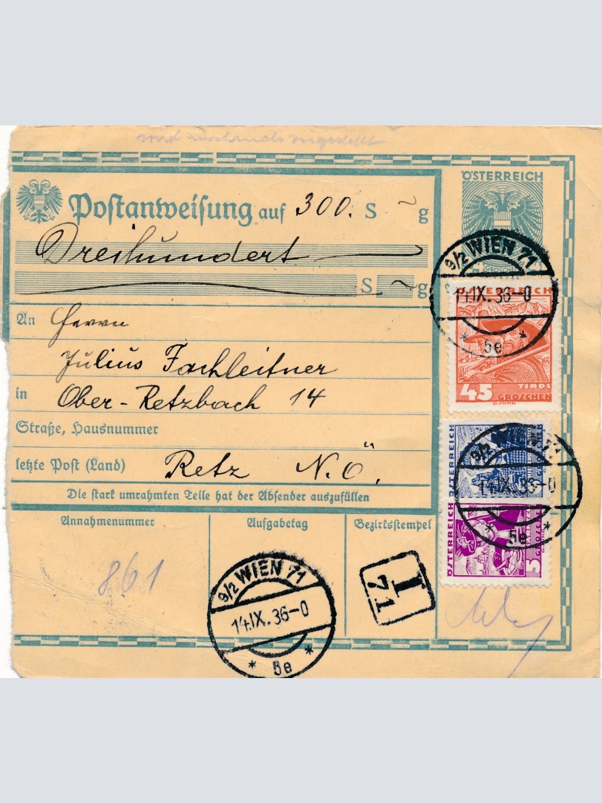24 Gr. Postanweisung 1936 aus Wien nach Retz + Trachten Marken (10418)