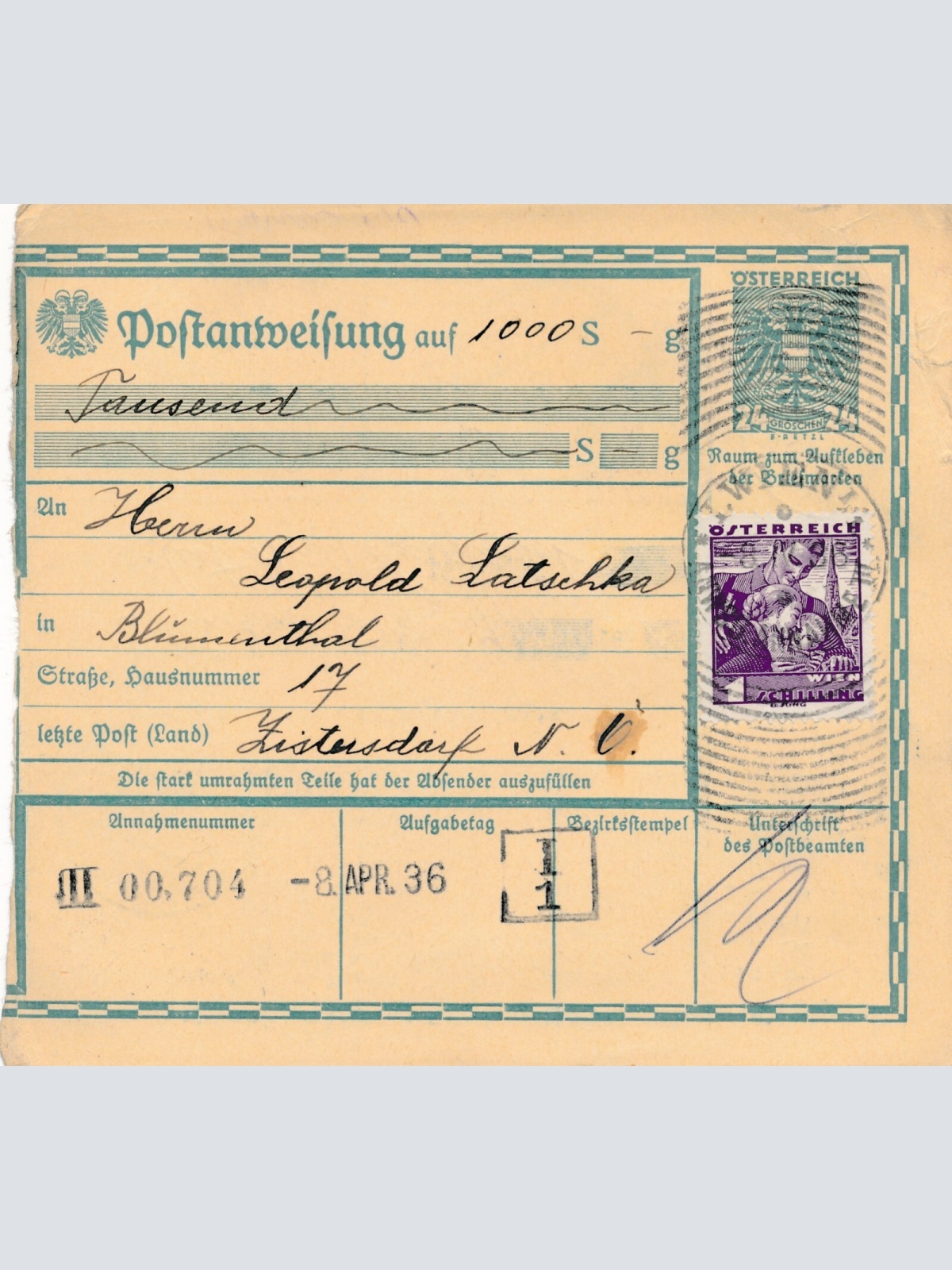 24 Gr. Postanweisung 1936 aus Wien nach Zistersdorf + Trachten Marken (10420)