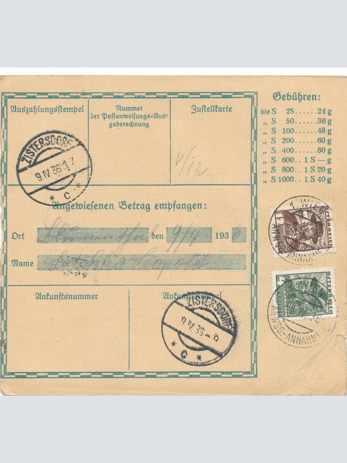 24 Gr. Postanweisung 1936 aus Wien nach Zistersdorf + Trachten Marken (10420)