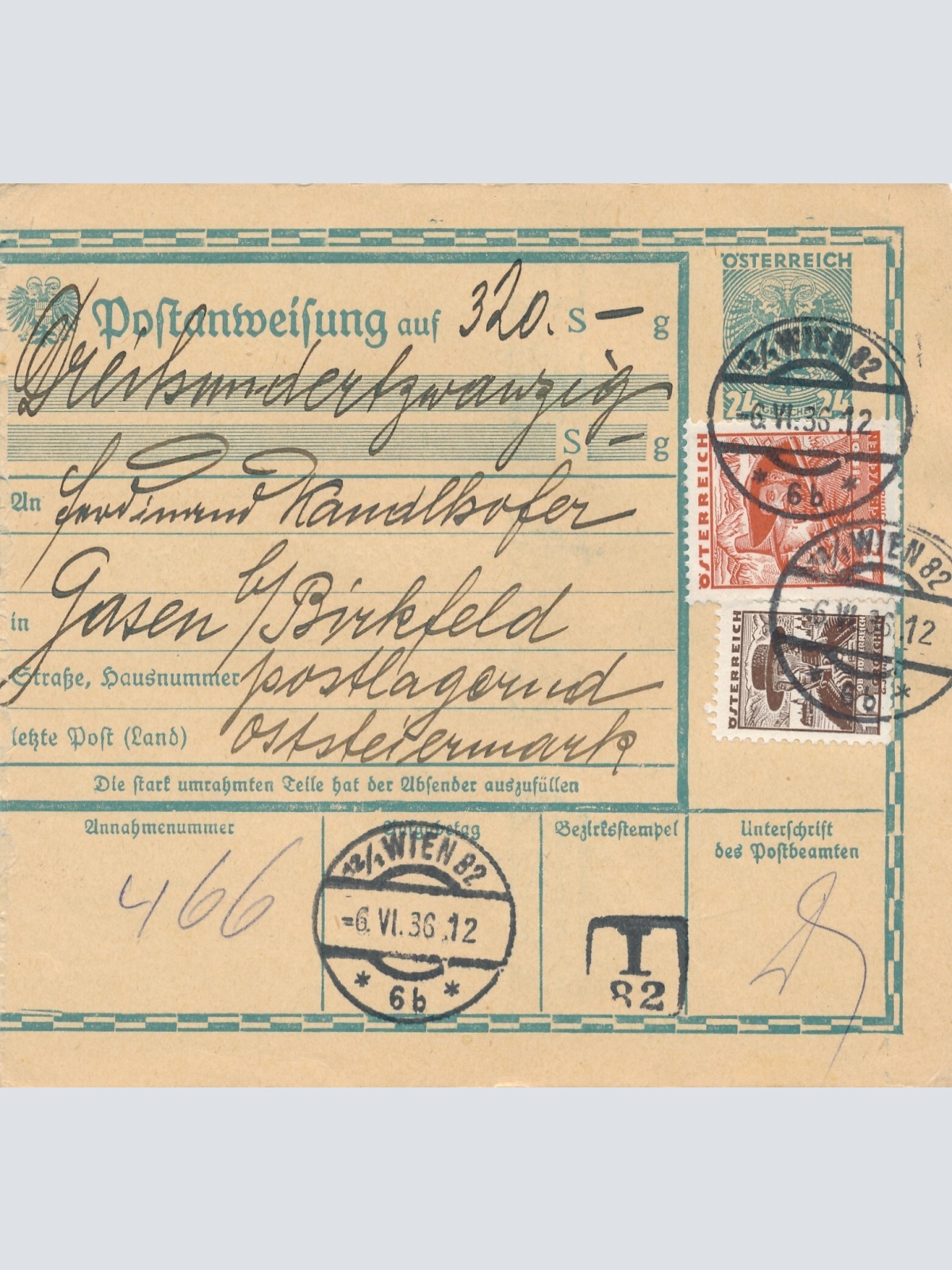 24 Gr. Postanweisung 1936 aus Wien nach Gasen + Trachten Marken (10413)