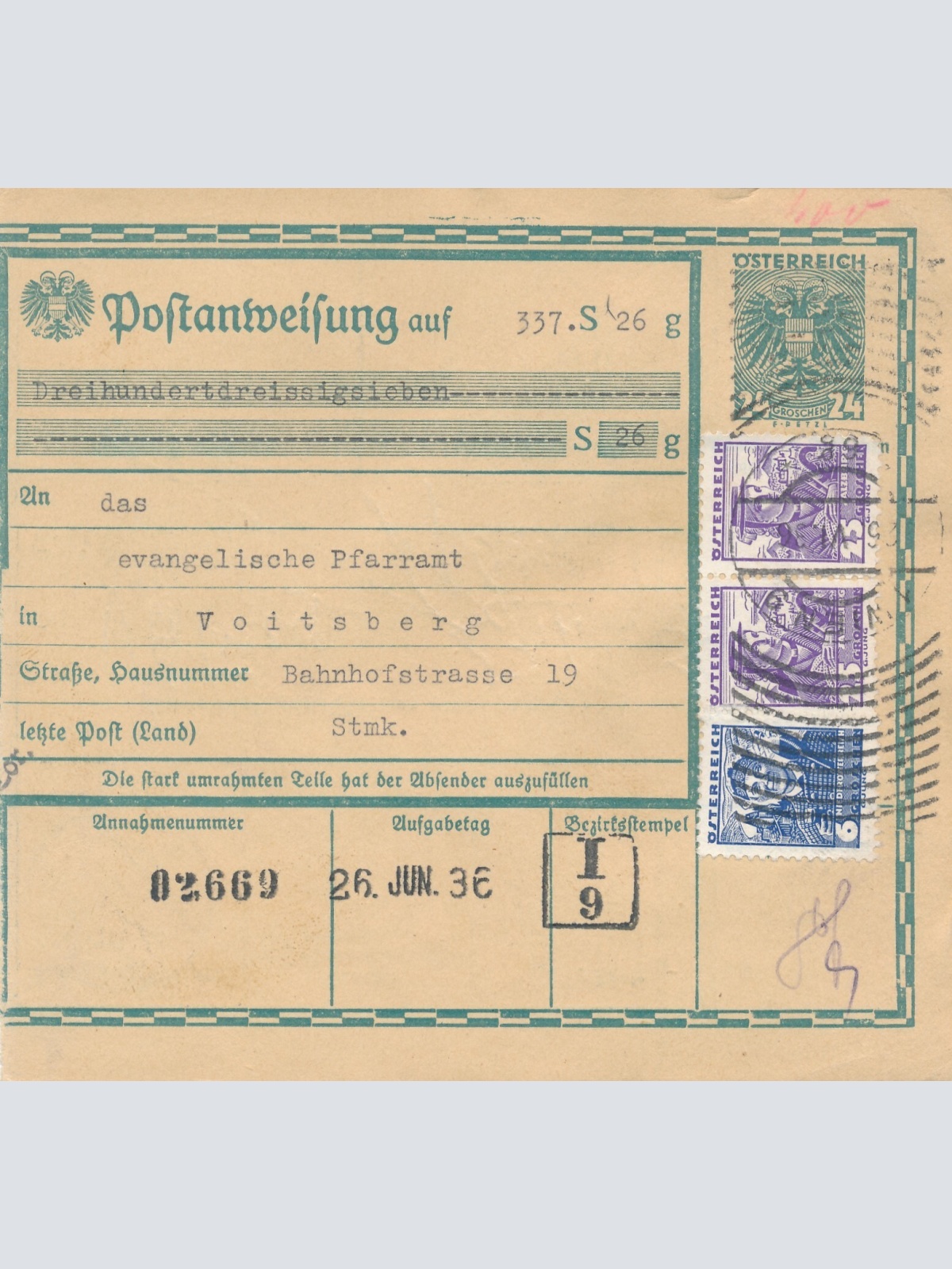 24 Gr. Postanweisung 1936 aus Wien nach Voitsberg + Trachten Marken (10410)