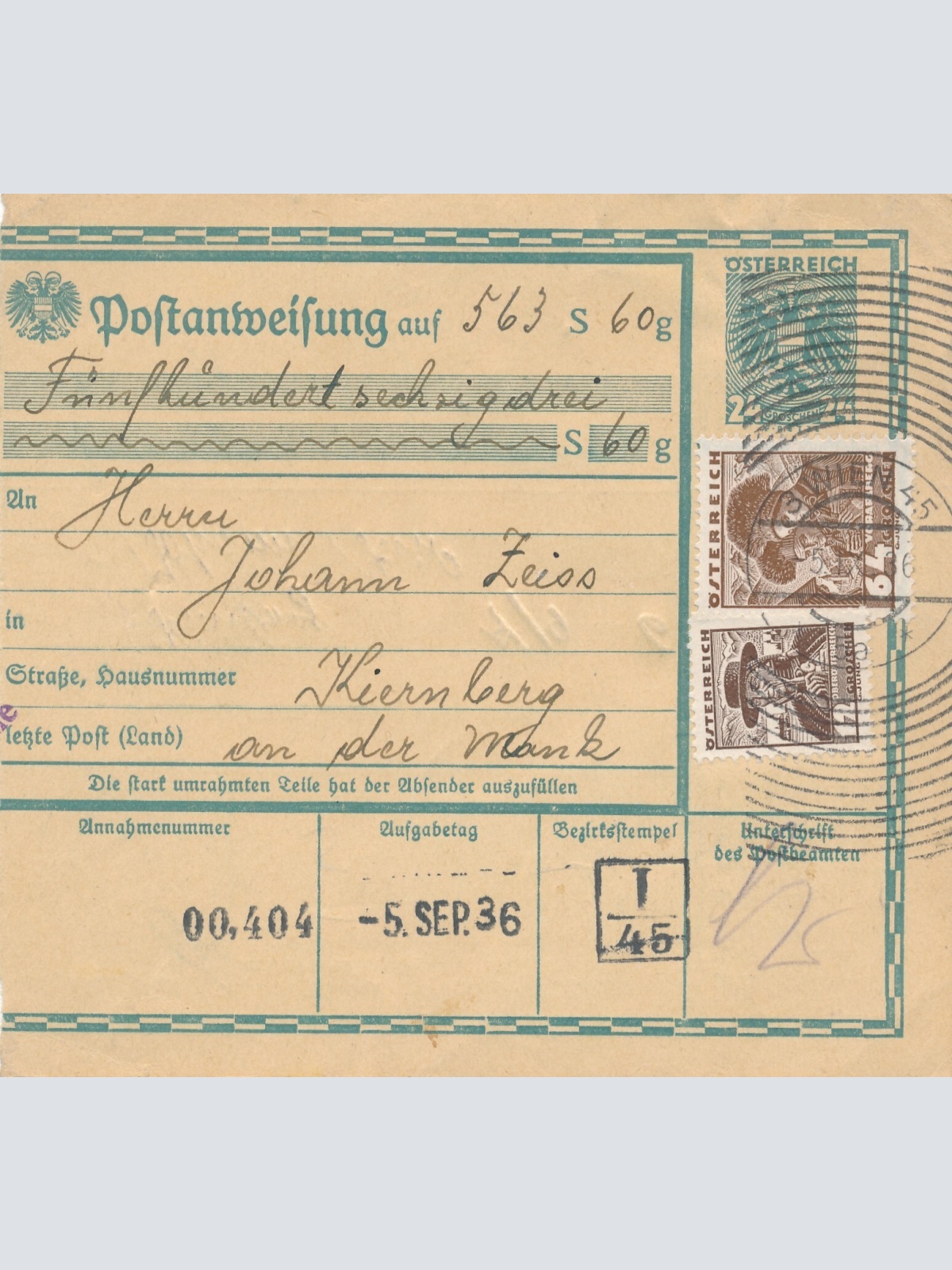 24 Gr. Postanweisung 1936 aus Wien nach Kirnberg + Trachten Marken (10398)