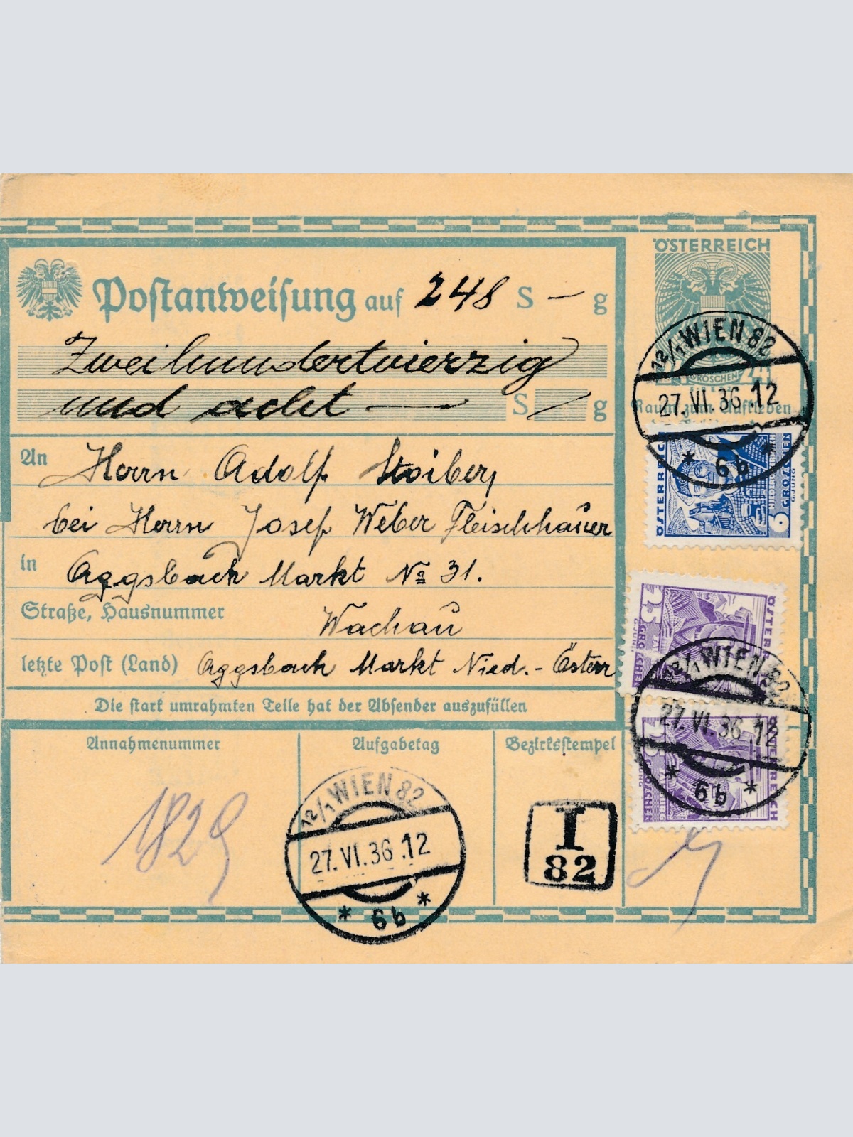 24 Gr. Postanweisung 1936 aus Wien nach Aggsbach + Trachten Marken (10399)