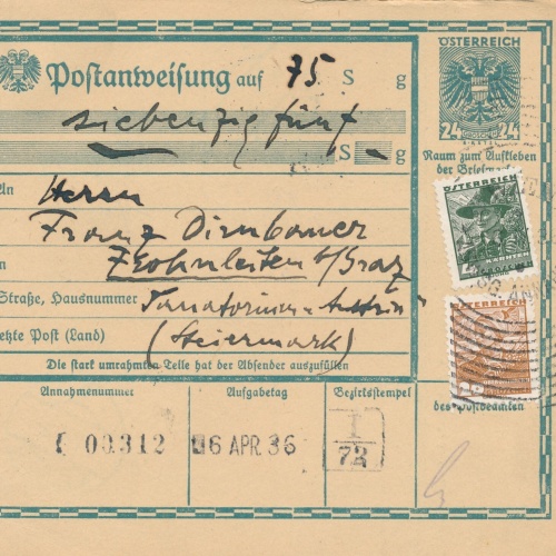 24 Gr. Postanweisung 1936 aus Wien nach Frohnleiten + Trachten Marken (10400)