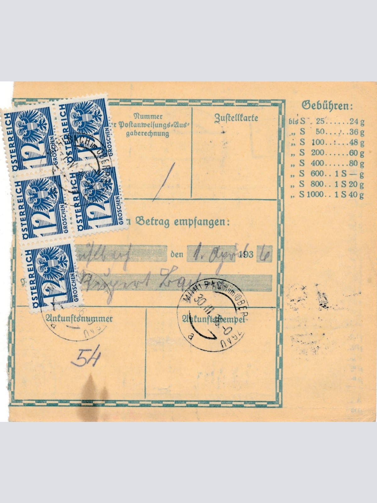 24 Gr. Postanweisung 1936 aus Wien nach Mühlbach + Trachten Marken (10401)