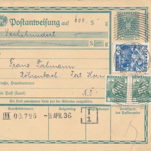 24 Gr. Postanweisung 1936 aus Wien nach Horn + Trachten Marken (10403)