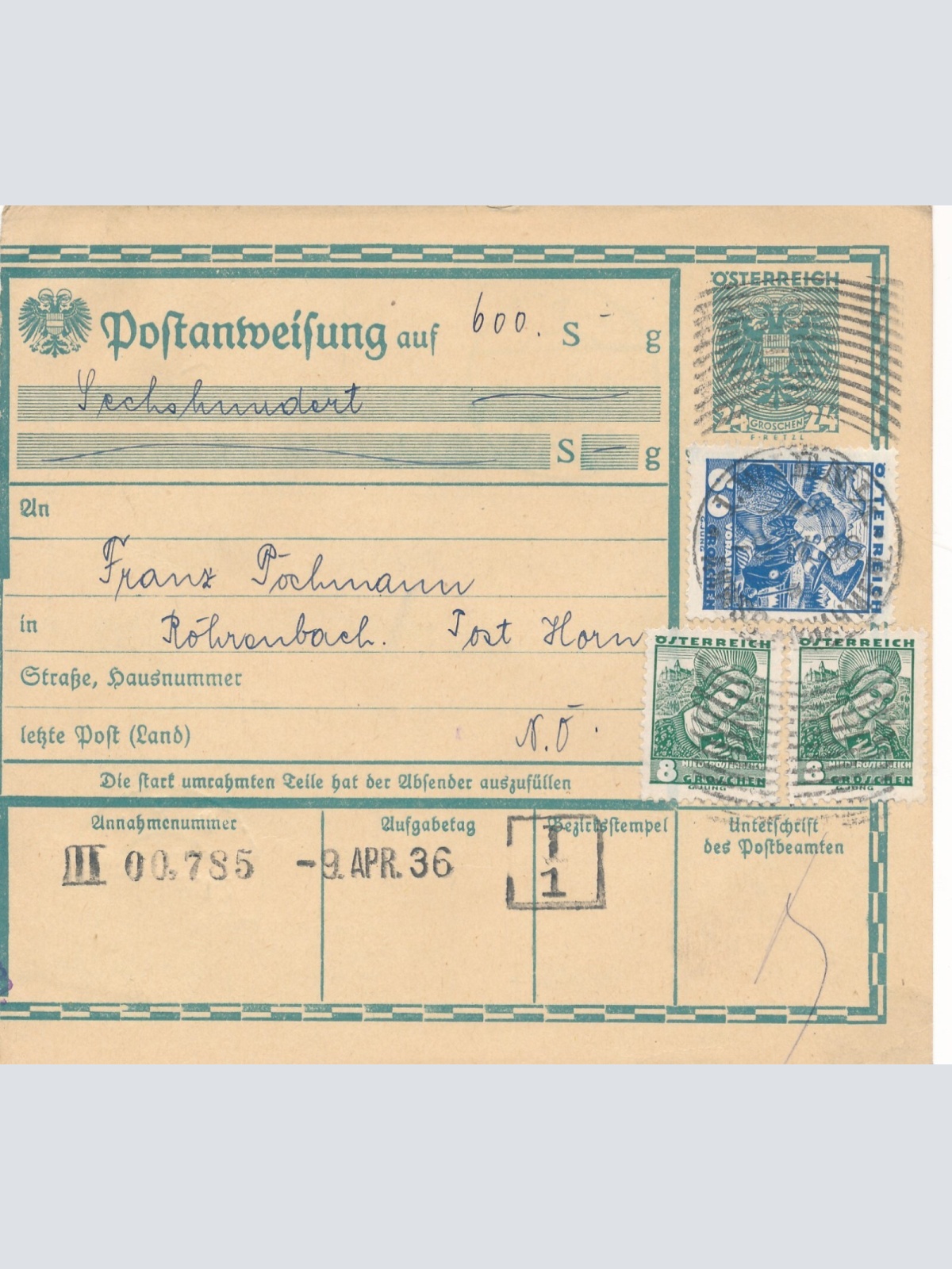24 Gr. Postanweisung 1936 aus Wien nach Horn + Trachten Marken (10403)