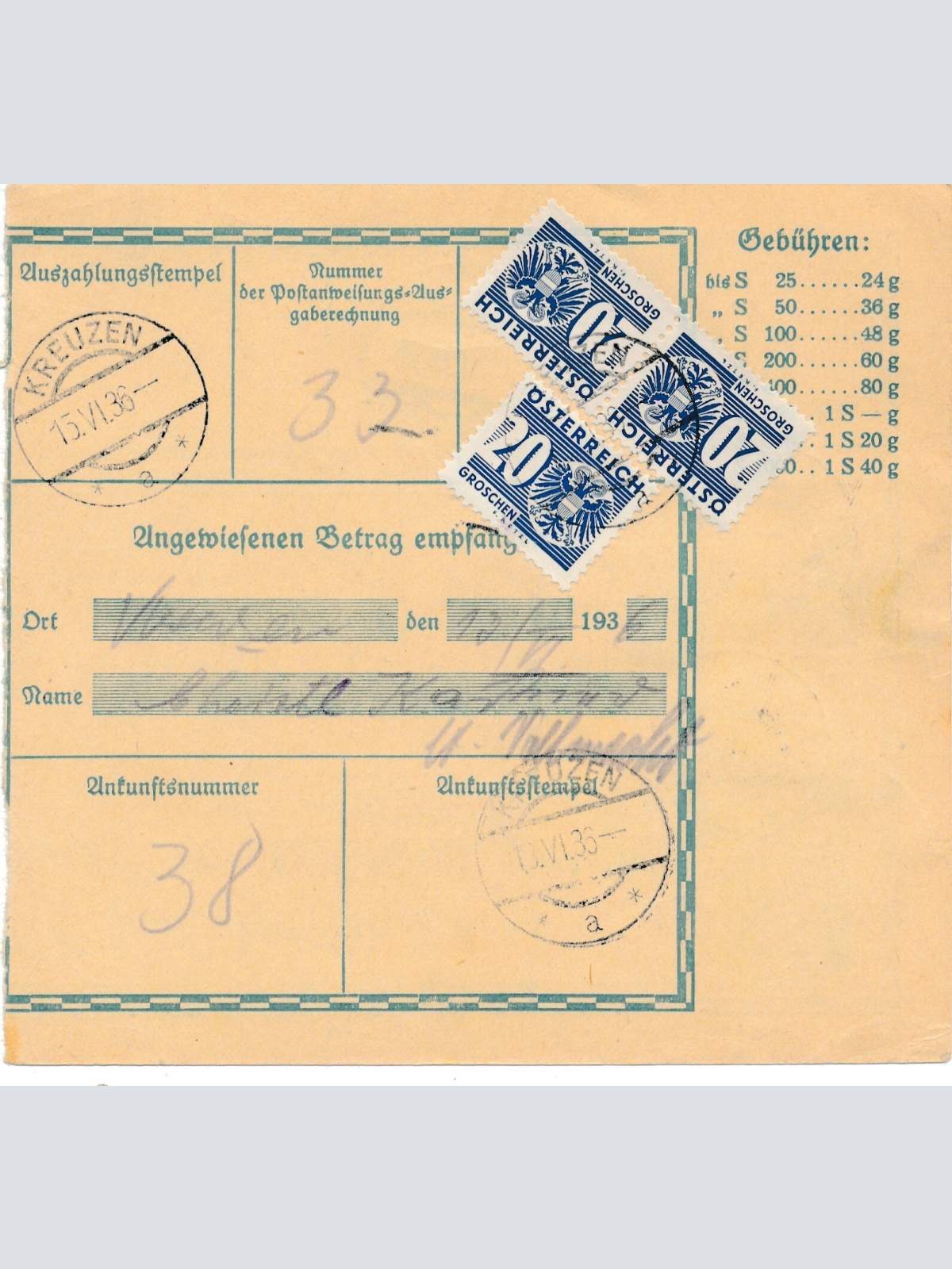 24 Gr. Postanweisung 1936 aus Wien nach Bad Kreuzen + Trachten Marken (10405)