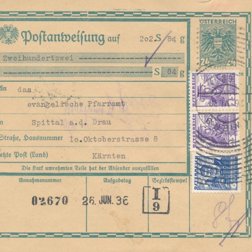 24 Gr. Postanweisung 1936 aus Wien nach Spittal + Trachten Marken (10409)