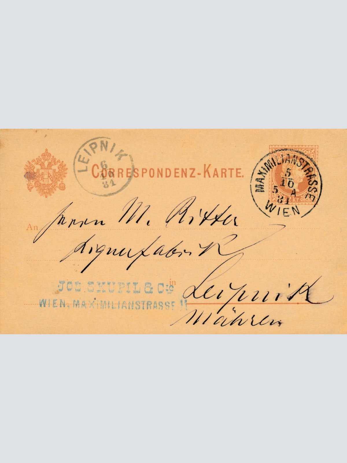 2 Kreuzer - Ganzsachen Karte 1881 aus Wien Maximilianstrasse (11115)