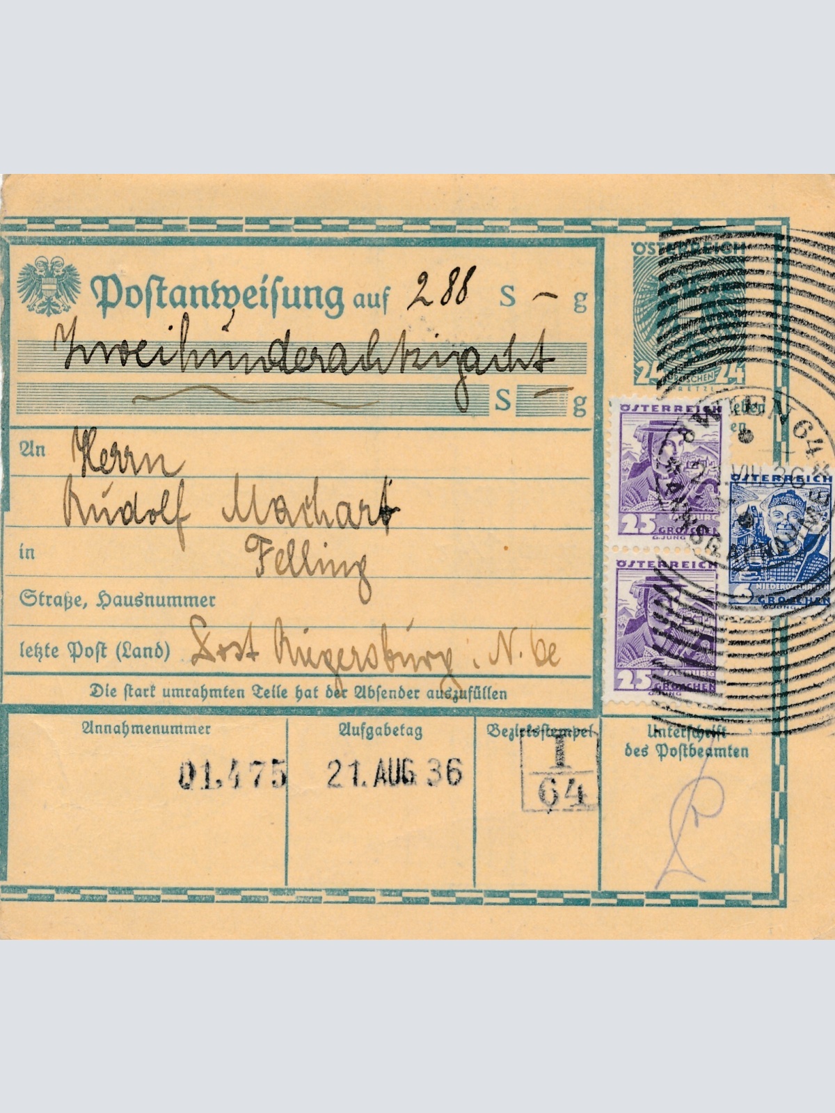 24 Gr. Postanweisung 1936 aus Wien nach Riegersburg + Trachten Marken (10435)