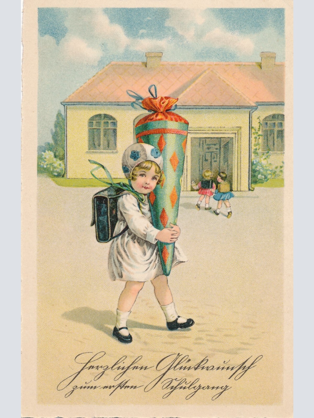 Motiv - Karte Erster Schultag Mädchen mit Schultüten (10776)