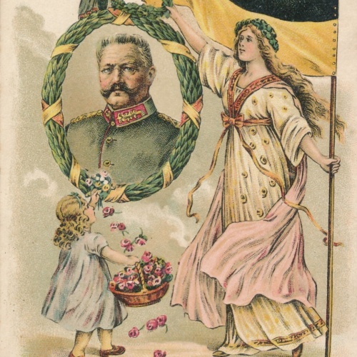 Litho - Karte von Hindenburg mit Flagge + Kind streut Blumen (10218)