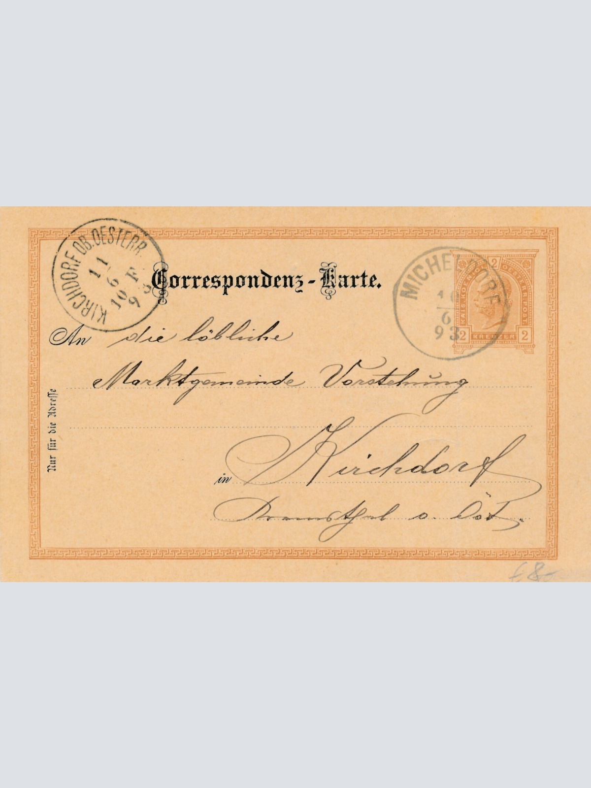 2 Kreuzer Ganzsachen - Karte 1893 aus Michelsdorf (11390)