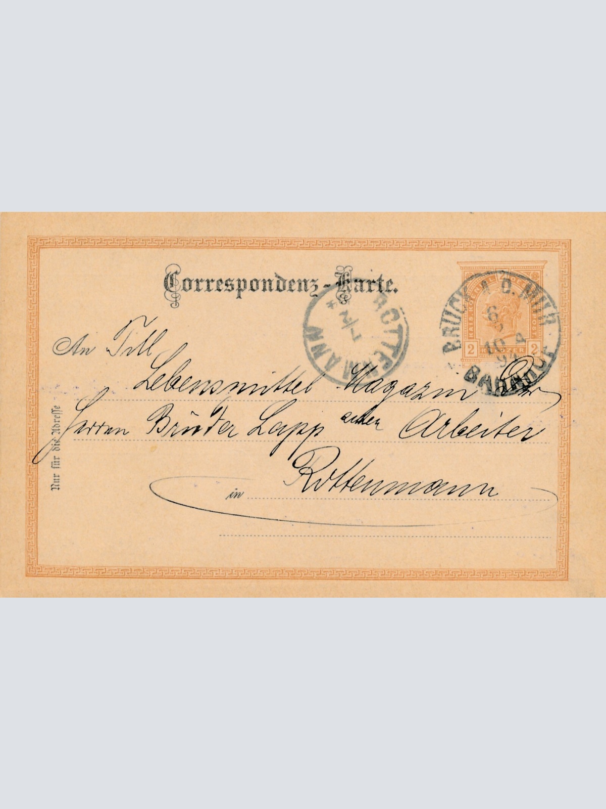 2 Kreuzer - Ganzsachen - Karte aus 1894 aus Bruck an der Muhr (11331)