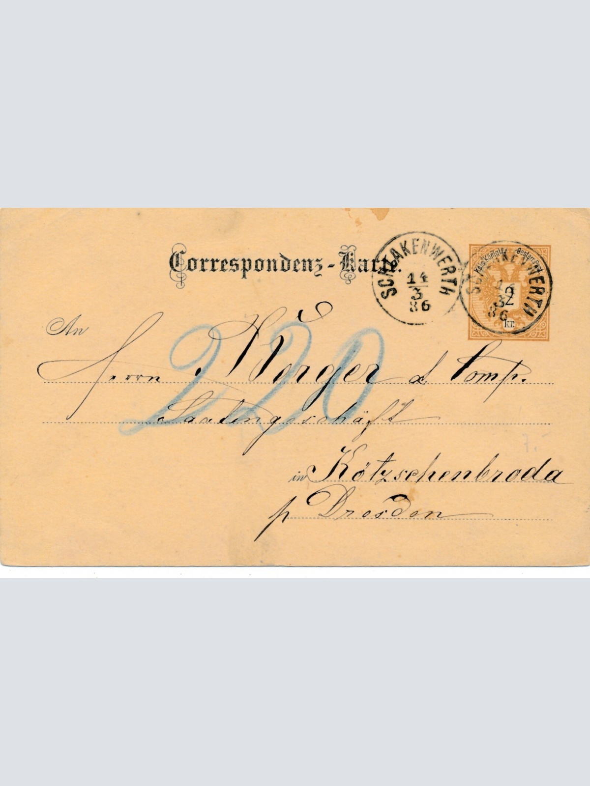 2 Kreuzer - Ganzsachen - Karte aus 1886 aus Schlakenwerth (11338)