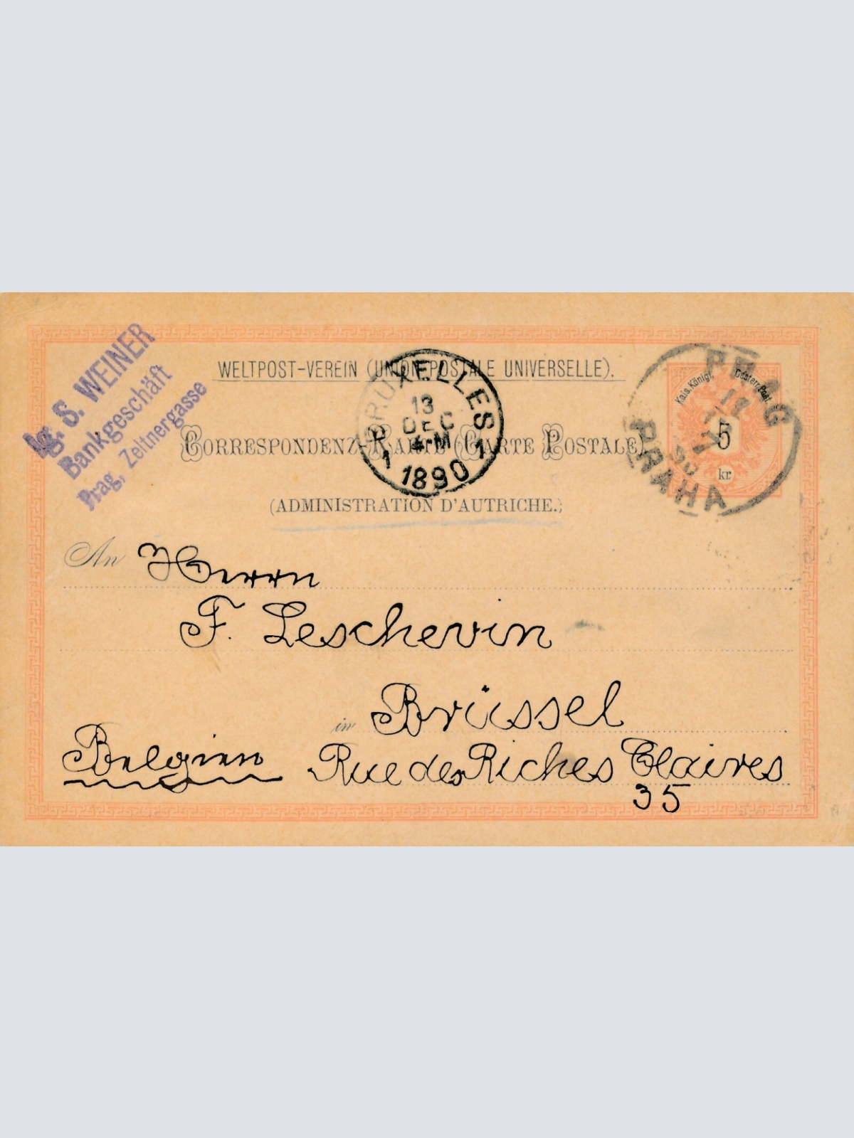 5 Kreuzer - Ganzsachen - Karte aus 1890 aus Prag (11342)